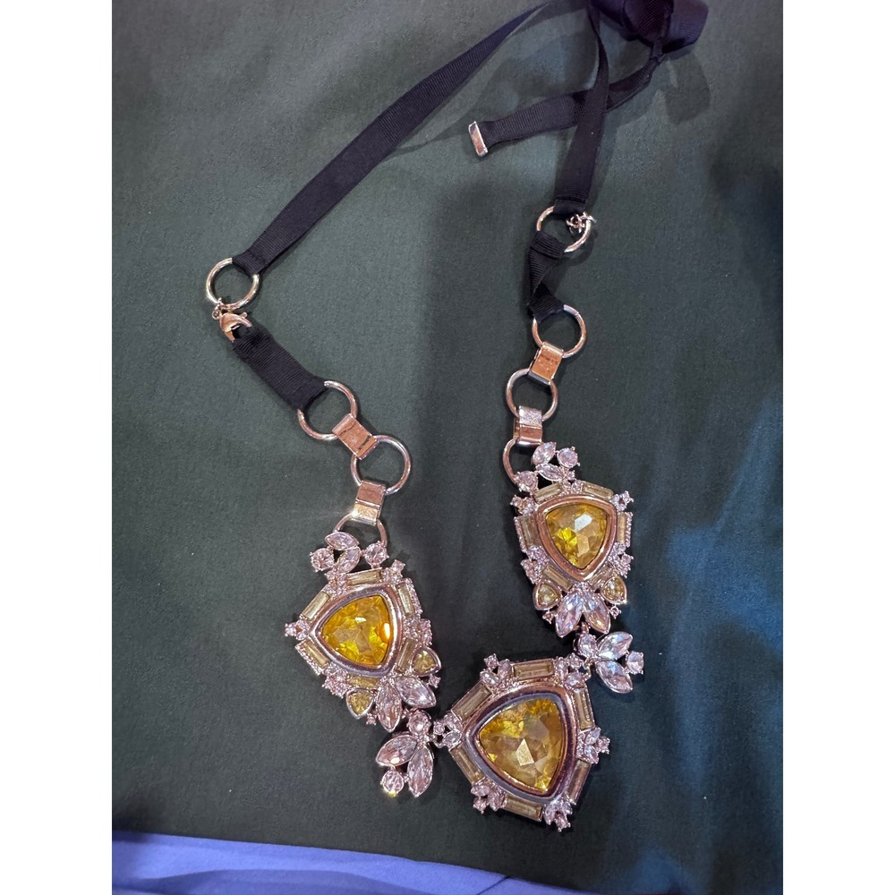 Statement Bib Necklace Yellow Crystal Gold Silver Tone Mixed Metal Ribbon Strap